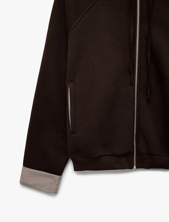 Şardonlu Ekose Detaylı Dik Yaka Fermuarlı Reglan Kollu Sweatshirt