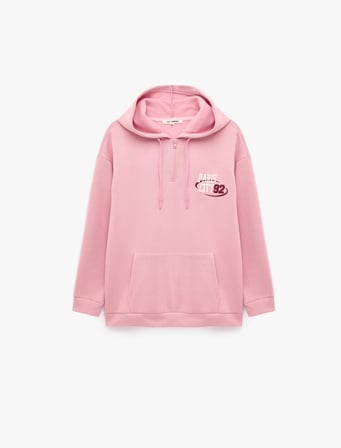 Pamuklu Rahat Kalıp Kapüşonlu Yarım Fermuarlı Cepli Baskılı Sweatshirt