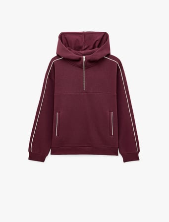 Üç İplik Şardonlu Rahat Kalıp Biyeli Cepli Kapüşonlu Yarım Fermuarlı Sweatshirt