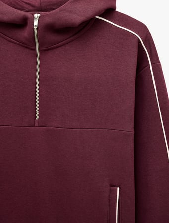 Üç İplik Şardonlu Rahat Kalıp Biyeli Cepli Kapüşonlu Yarım Fermuarlı Sweatshirt