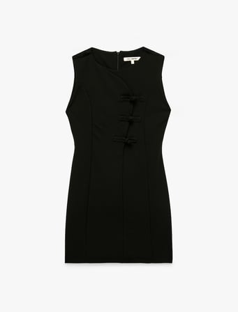 Slim Fit Düğmeli Kurbağa Kapama Bisiklet Yaka Kolsuz Krep Mini Elbise