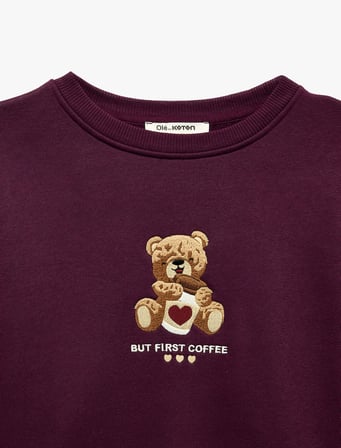 Rahat Kalıp Şardonlu Bisiklet Yaka Uzun Kollu Ayıcık Nakışlı Sweatshirt