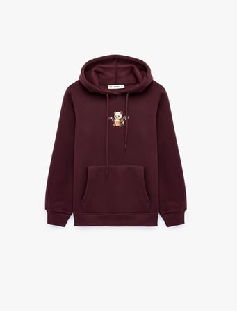 Mürdüm Rengi Kapüşonlu Sweatshirt Üç İplik Şardonlu Ayıcık Nakışlı Kanguru Cepli