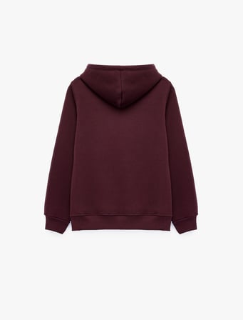 Mürdüm Rengi Kapüşonlu Sweatshirt Üç İplik Şardonlu Ayıcık Nakışlı Kanguru Cepli