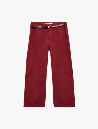 Pamuklu Geniş Paça Kemerli Crop Pantolon - Wide Leg Jeans