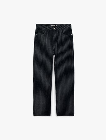 Pamuklu Rahat Kesim Cepli Çizgili Baggy Jean Pantolon