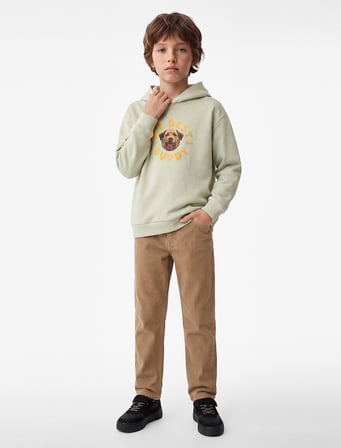 Köpek Detaylı Önü ve Arkası Baskılı Şardonlu Uzun Kollu Oversize Kapşonlu Sweatshirt
