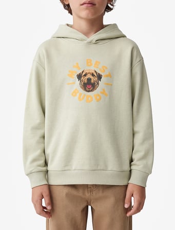 Köpek Detaylı Önü ve Arkası Baskılı Şardonlu Uzun Kollu Oversize Kapşonlu Sweatshirt