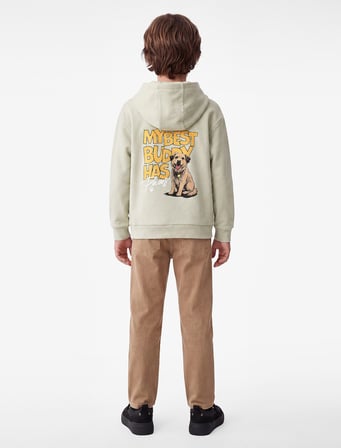 Köpek Detaylı Önü ve Arkası Baskılı Şardonlu Uzun Kollu Oversize Kapşonlu Sweatshirt