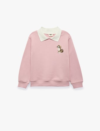 Kedi Nakışlı Uzun Kollu Polo Yaka Sweatshirt