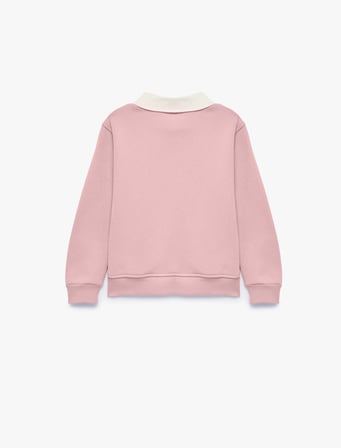Kedi Nakışlı Uzun Kollu Polo Yaka Sweatshirt