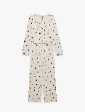 Rahat Kesim Uzun Kollu Bisiklet Yaka Ayıcık Baskılı Pijama Takımı