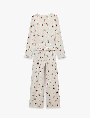 Rahat Kesim Uzun Kollu Bisiklet Yaka Ayıcık Baskılı Pijama Takımı