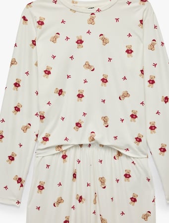 Rahat Kesim Uzun Kollu Bisiklet Yaka Ayıcık Baskılı Pijama Takımı