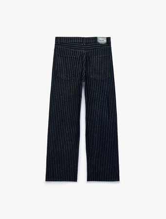Normal Bel Beş Cepli Düz Paça Pamuklu Baggy Kesim Çizgili Denim Pantolon - Baggy Jeans