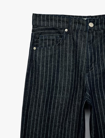 Normal Bel Beş Cepli Düz Paça Pamuklu Baggy Kesim Çizgili Denim Pantolon - Baggy Jeans