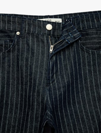 Normal Bel Beş Cepli Düz Paça Pamuklu Baggy Kesim Çizgili Denim Pantolon - Baggy Jeans