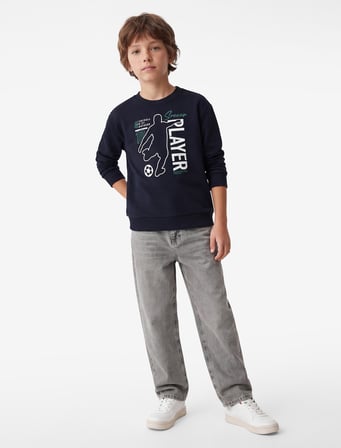 Uzun Kollu Bisiklet Yaka Üç İplik Şardonlu Baskılı Sweatshirt