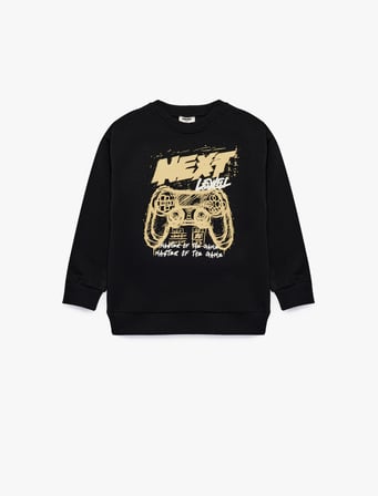 Oyun Temalı Baskılı Uzun Kollu Bisiklet Yaka Şardonlu Sweatshirt