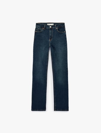 Slim Fit Düğmeli Pamuklu Cepli Düz Paça Denim Pantolon - Straight Fit Jean