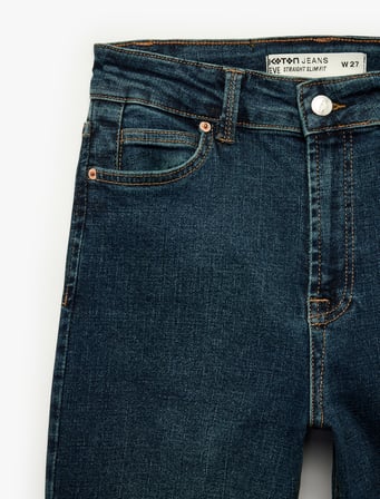Slim Fit Düğmeli Pamuklu Cepli Düz Paça Denim Pantolon - Straight Fit Jean