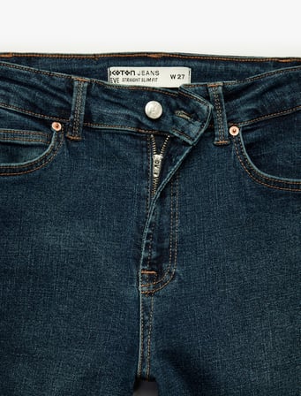 Slim Fit Düğmeli Pamuklu Cepli Düz Paça Denim Pantolon - Straight Fit Jean