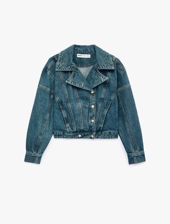 Cepli Rahat Kalıp Düğmeli Dikiş Detaylı Pamuklu Denim Kruvaze Ceket