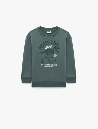Dinozor Baskılı Uzun Kollu Bisiklet Yaka Şardonlu Sweatshirt