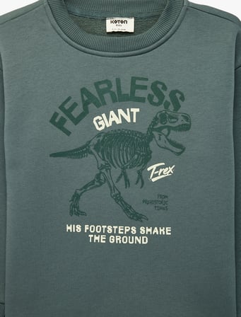 Dinozor Baskılı Uzun Kollu Bisiklet Yaka Şardonlu Sweatshirt