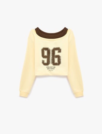 Şardonlu Rahat Kalıp Bisiklet Yaka Uzun Kollu Katmanlı Baskılı Sweatshirt