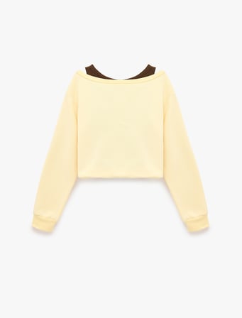 Şardonlu Rahat Kalıp Bisiklet Yaka Uzun Kollu Katmanlı Baskılı Sweatshirt