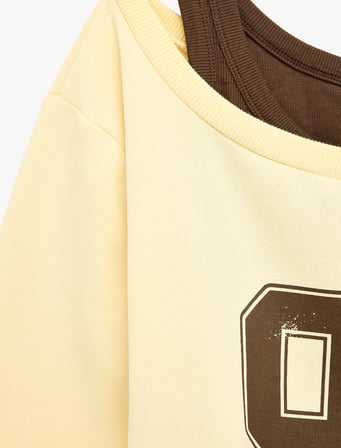Şardonlu Rahat Kalıp Bisiklet Yaka Uzun Kollu Katmanlı Baskılı Sweatshirt