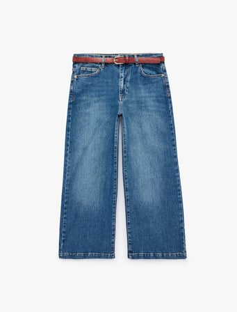 Kemerli Cepli Normal Bel Pamuklu Kısa Geniş Paça Denim Pantolon - Crop Wide Leg Jeans