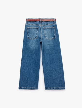 Kemerli Cepli Normal Bel Pamuklu Kısa Geniş Paça Denim Pantolon - Crop Wide Leg Jeans