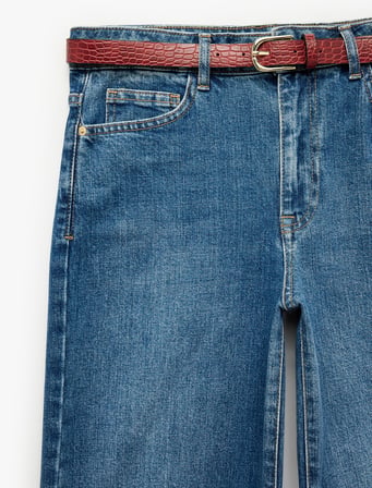 Kemerli Cepli Normal Bel Pamuklu Kısa Geniş Paça Denim Pantolon - Crop Wide Leg Jeans