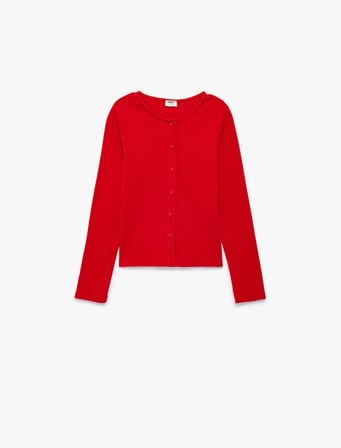 Pamuklu Slim Fit Bisiklet Yaka Uzun Kollu Düğmeli Ribanalı Tişört