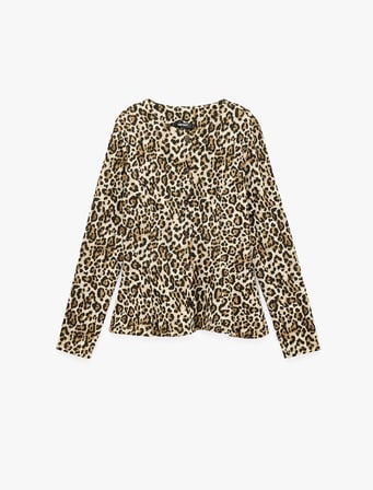 Slim Bisiklet Yaka Uzun Kollu Leopar Desenli Peplum Hırka