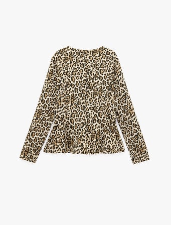 Slim Bisiklet Yaka Uzun Kollu Leopar Desenli Peplum Hırka