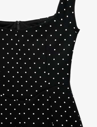 Slim Fit Puantiyeli Krep Kumaş Kare Yaka Kolsuz Mini Abiye Elbise
