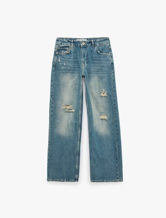 Yıpratılmış Düz Paça Cepli Düğmeli Pamuklu Baggy Denim Pantolon - Baggy Jeans