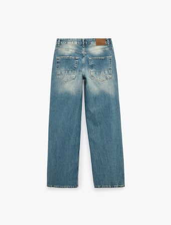 Yıpratılmış Düz Paça Cepli Düğmeli Pamuklu Baggy Denim Pantolon - Baggy Jeans