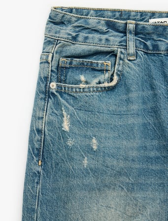 Yıpratılmış Düz Paça Cepli Düğmeli Pamuklu Baggy Denim Pantolon - Baggy Jeans