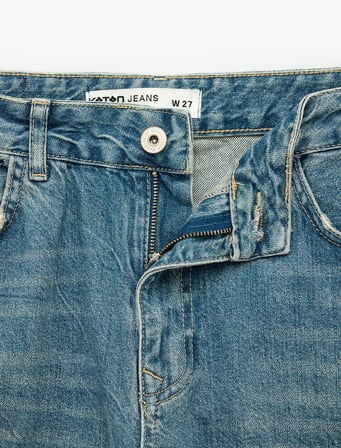 Yıpratılmış Düz Paça Cepli Düğmeli Pamuklu Baggy Denim Pantolon - Baggy Jeans