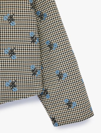Bisiklet Yaka Uzun Kollu Ekose Çiçek İşlemeli Oversize Mevsimlik Ceket