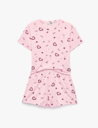 Kalp Desenli Rahat Kalıp Kısa Kollu Bisiklet Yaka Şortlu Pijama Takımı