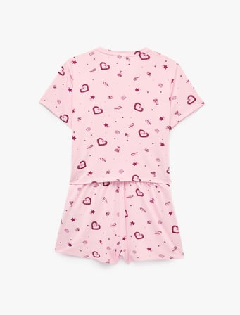 Kalp Desenli Rahat Kalıp Kısa Kollu Bisiklet Yaka Şortlu Pijama Takımı