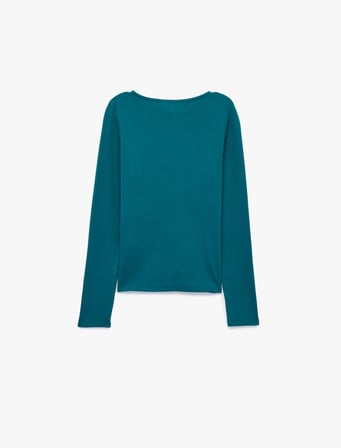 Slim Fit Pamuklu Kayık Yaka Uzun Kollu Basic Bluz