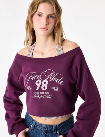 Mürdüm Rengi Halter Yaka Katmanlı Çizgili Sweatshirt Uzun Reglan Kollu Baskılı Rahat Kalıp