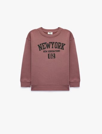 Şardonlu Bisiklet Yaka Uzun Kollu Baskılı Oversize Sweatshirt
