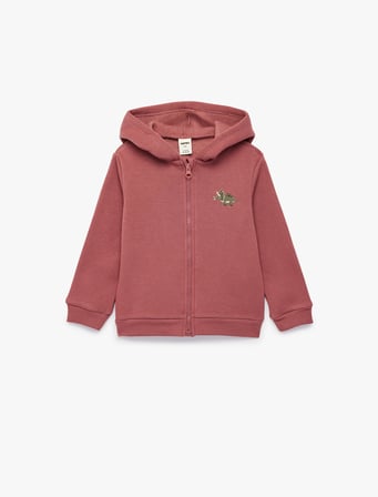 Uzun Kollu Baskılı Cepli Şardonlu Fermuarlı Kapşonlu Sweatshirt